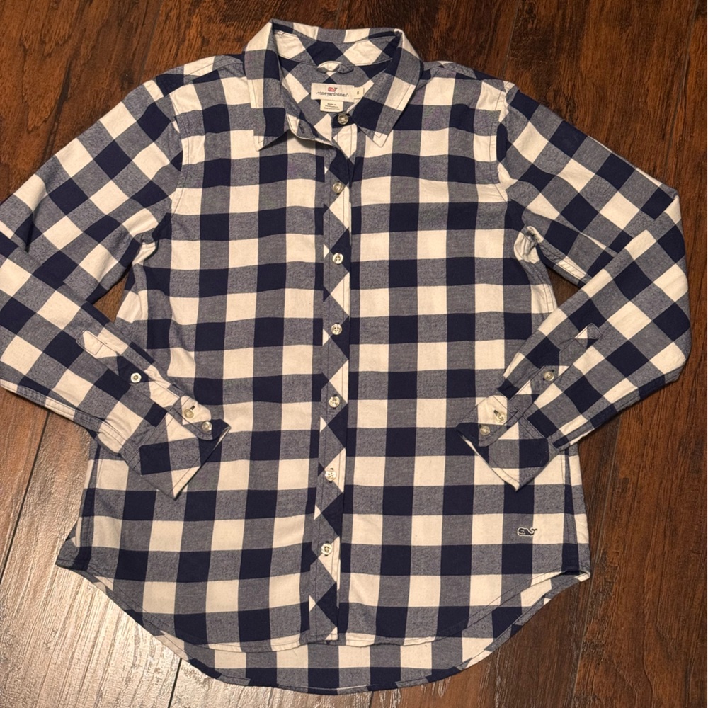 Vineyard Vines Shirt Navy Flannel Relaxed Button Down Womens Size 6 Long Sleeves